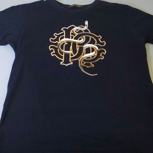 Roberto Cavalli Men's Snake Logo Graphic T-Shirt. Gold on Black. Size Medium.